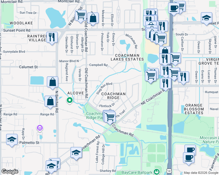 map of restaurants, bars, coffee shops, grocery stores, and more near 1687 Farrier Trail in Clearwater