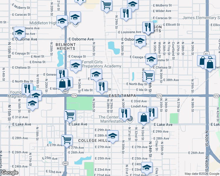 map of restaurants, bars, coffee shops, grocery stores, and more near 4102 North 29th Street in Tampa