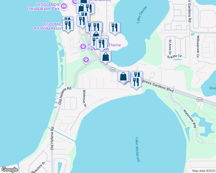 map of restaurants, bars, coffee shops, grocery stores, and more near 2410 Winterset Road in Winter Haven