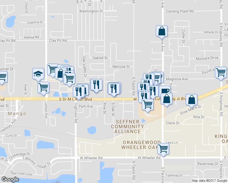 map of restaurants, bars, coffee shops, grocery stores, and more near 1033 Robson St in Seffner