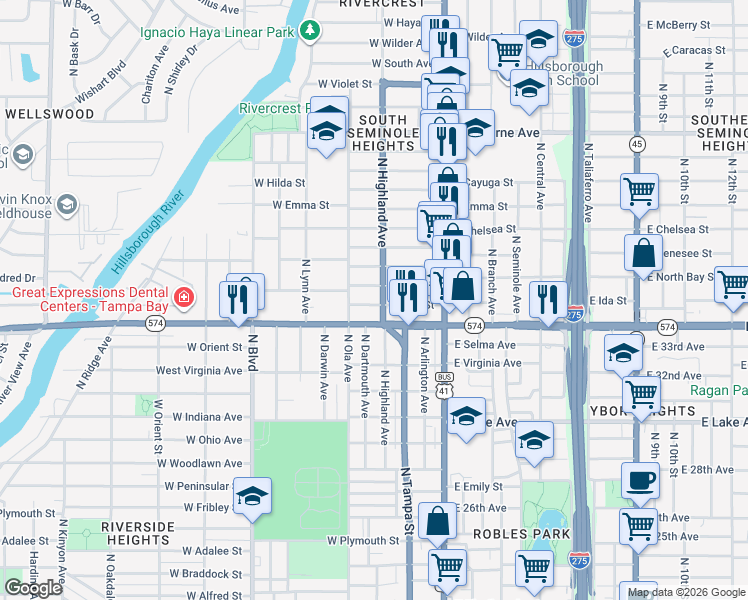 map of restaurants, bars, coffee shops, grocery stores, and more near 305 West Ida Street in Tampa