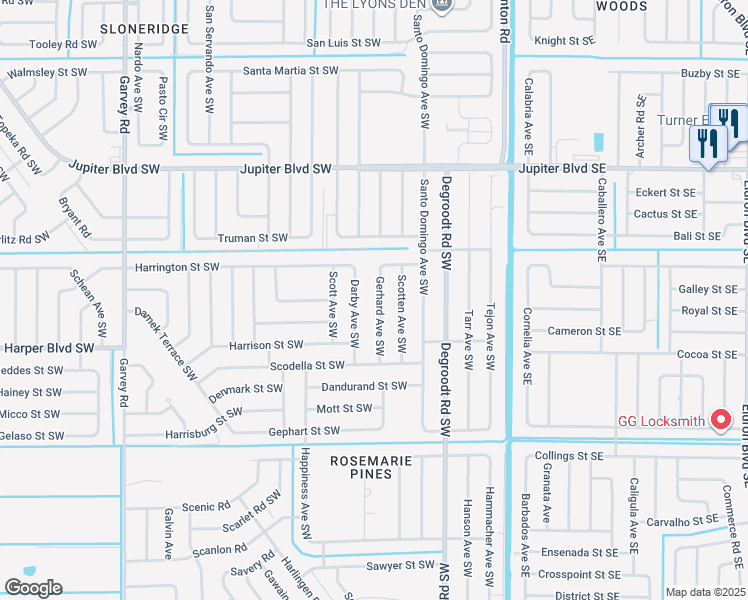 map of restaurants, bars, coffee shops, grocery stores, and more near 704 Gerhard Avenue Southwest in Palm Bay