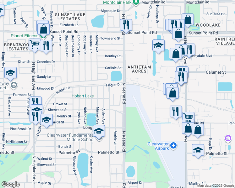 map of restaurants, bars, coffee shops, grocery stores, and more near 1512 Leo Lane East in Clearwater