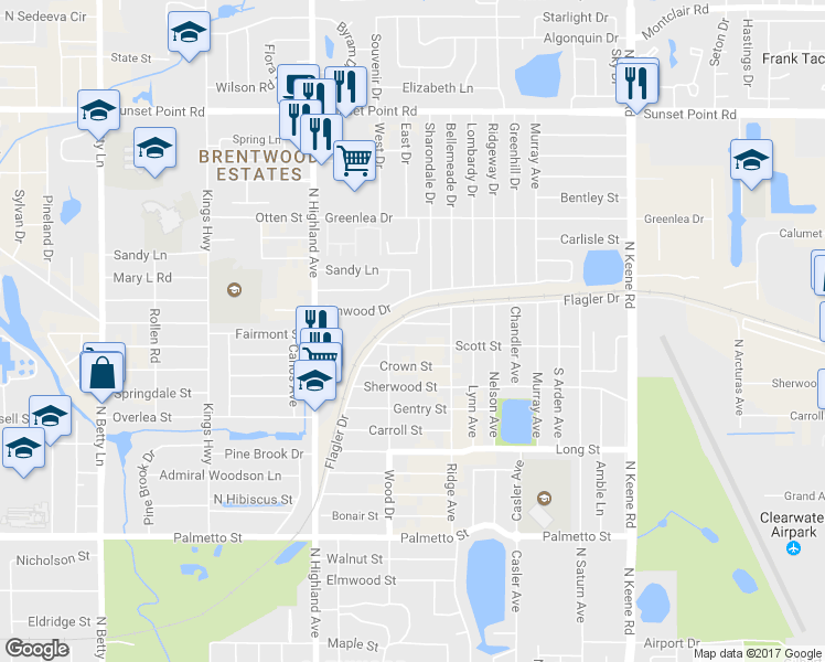 map of restaurants, bars, coffee shops, grocery stores, and more near 1571 Logan Street in Clearwater