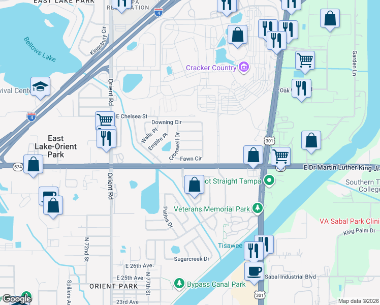 map of restaurants, bars, coffee shops, grocery stores, and more near 8009 Thames Place in Tampa