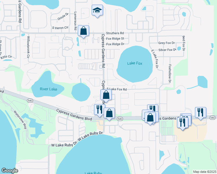 map of restaurants, bars, coffee shops, grocery stores, and more near 5808 Driftwood Drive in Winter Haven