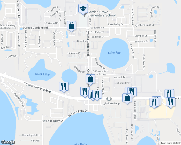 map of restaurants, bars, coffee shops, grocery stores, and more near 5808 Driftwood Drive in Winter Haven