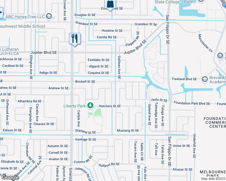 map of restaurants, bars, coffee shops, grocery stores, and more near 735 Alfonso Avenue Southeast in Palm Bay