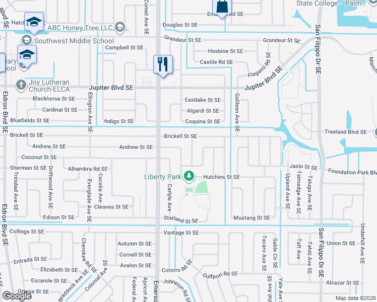 map of restaurants, bars, coffee shops, grocery stores, and more near 750 Ashley Avenue Southeast in Palm Bay