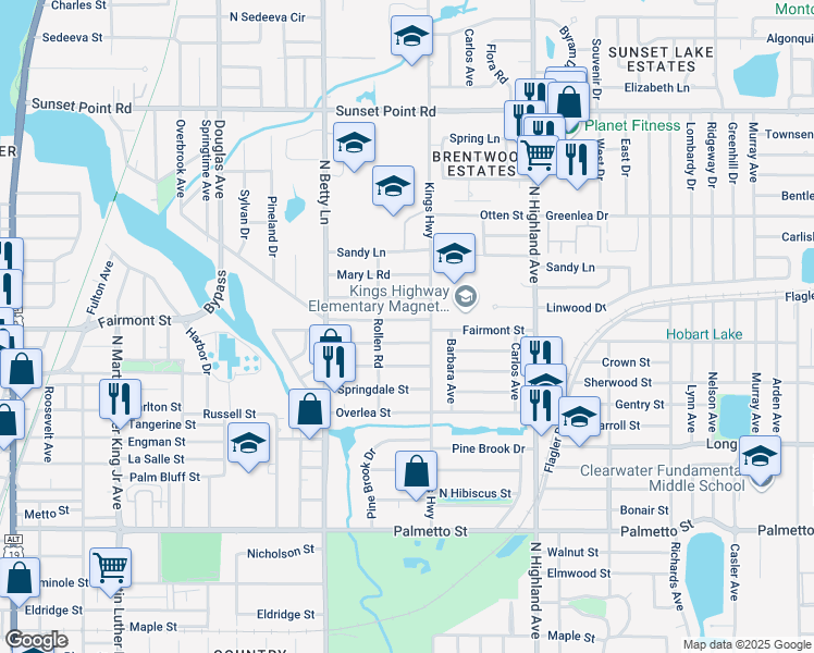 map of restaurants, bars, coffee shops, grocery stores, and more near 1357 Fairmont Street in Clearwater