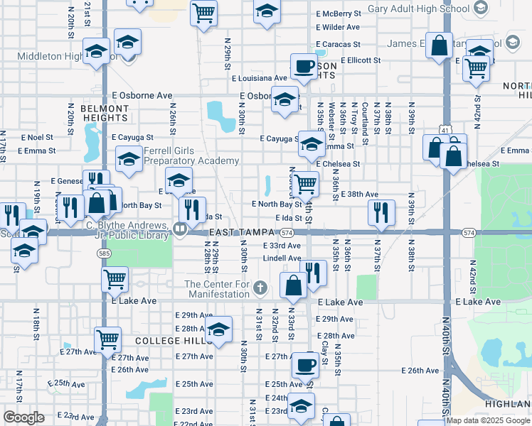 map of restaurants, bars, coffee shops, grocery stores, and more near 3108 East Ida Street in Tampa
