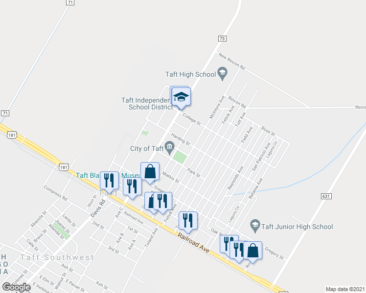 map of restaurants, bars, coffee shops, grocery stores, and more near 538 Green Avenue in Taft