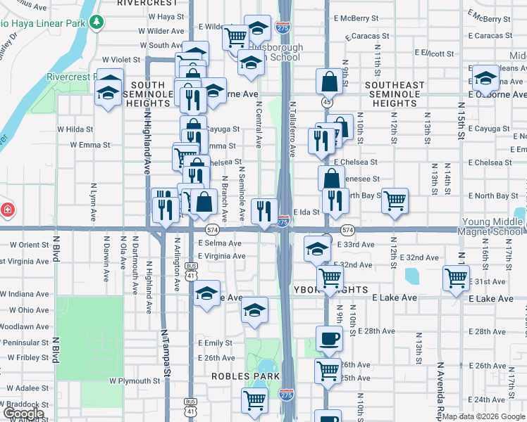 map of restaurants, bars, coffee shops, grocery stores, and more near 4011 North Central Avenue in Tampa