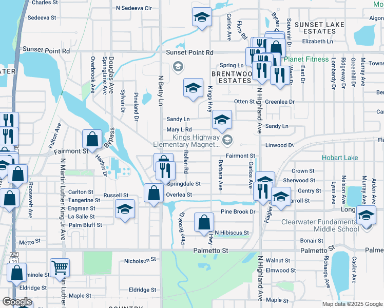 map of restaurants, bars, coffee shops, grocery stores, and more near 1357 Fairmont Street in Clearwater