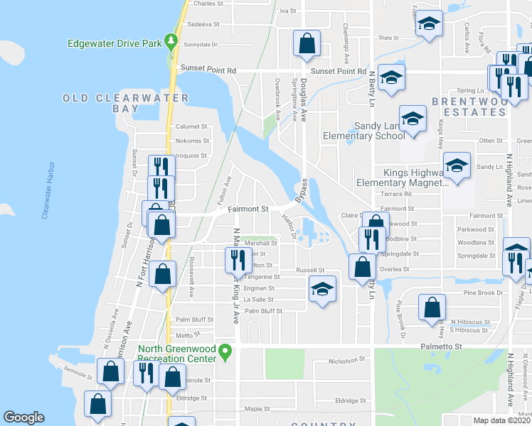 map of restaurants, bars, coffee shops, grocery stores, and more near 1141 Fairmont Street in Clearwater