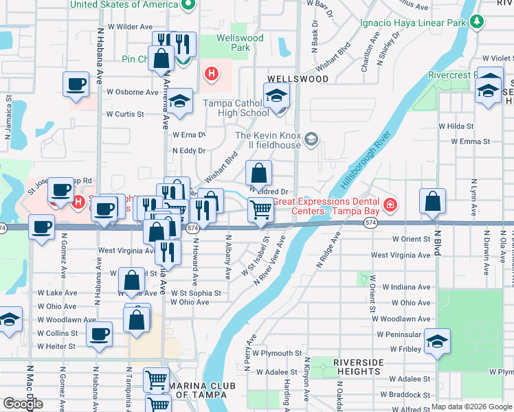 map of restaurants, bars, coffee shops, grocery stores, and more near 1721 West Ferris Avenue in Tampa