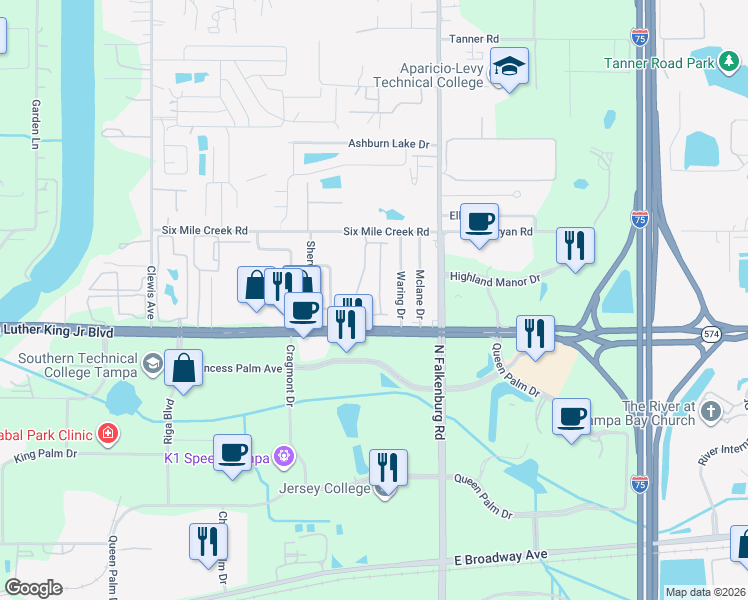 map of restaurants, bars, coffee shops, grocery stores, and more near 4122 Key Thatch Drive in Tampa