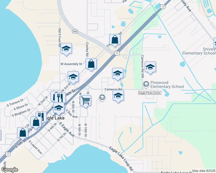 map of restaurants, bars, coffee shops, grocery stores, and more near 2200 Clover Ridge Court in Eagle Lake