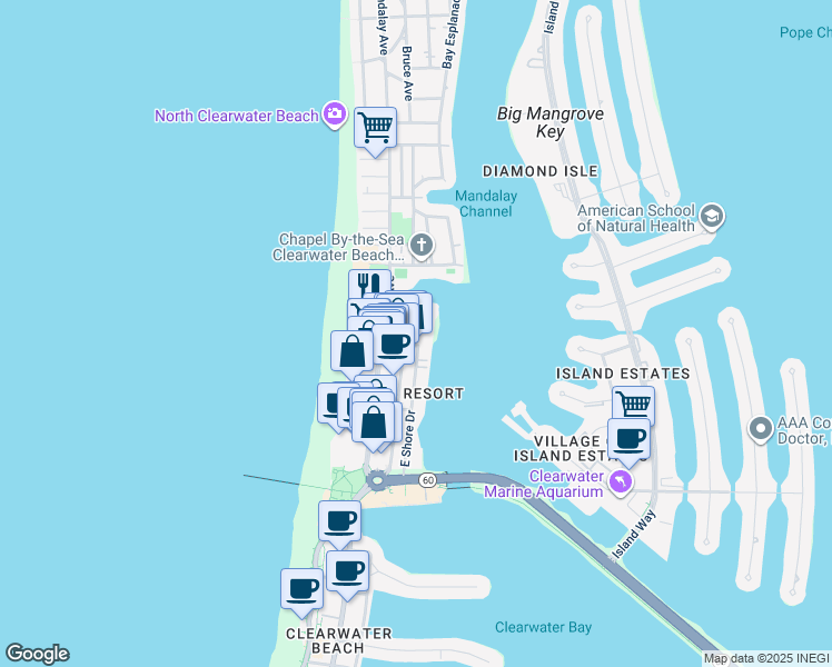 map of restaurants, bars, coffee shops, grocery stores, and more near 505 Mandalay Avenue in Clearwater