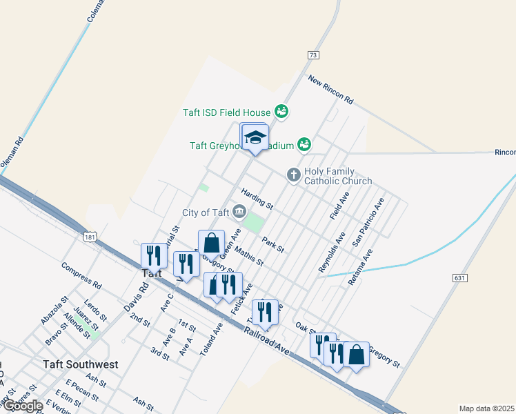map of restaurants, bars, coffee shops, grocery stores, and more near 538 Green Avenue in Taft