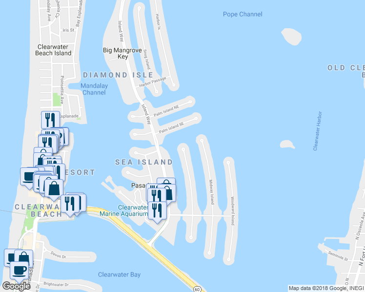 map of restaurants, bars, coffee shops, grocery stores, and more near 437 Leeward Island in Clearwater
