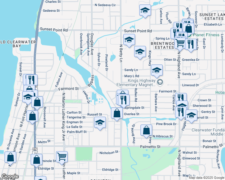 map of restaurants, bars, coffee shops, grocery stores, and more near 1220 Claire Drive in Clearwater
