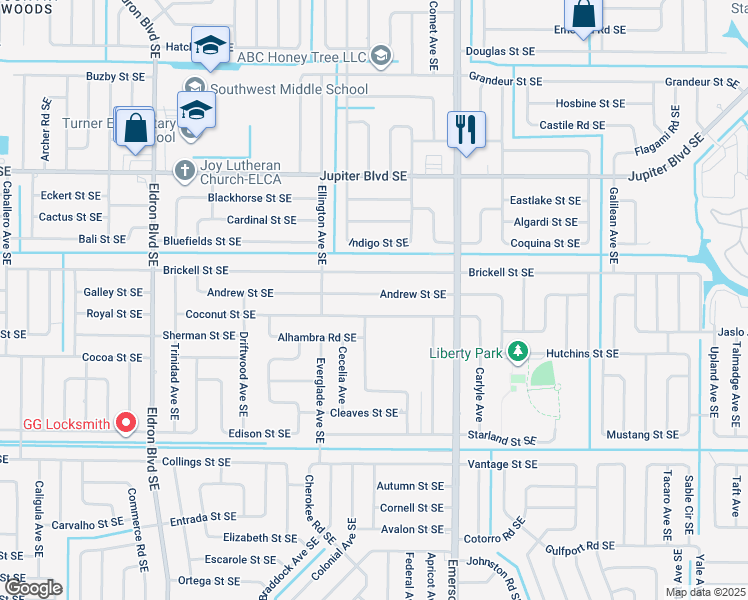 map of restaurants, bars, coffee shops, grocery stores, and more near 748 Andrew Street Southeast in Palm Bay
