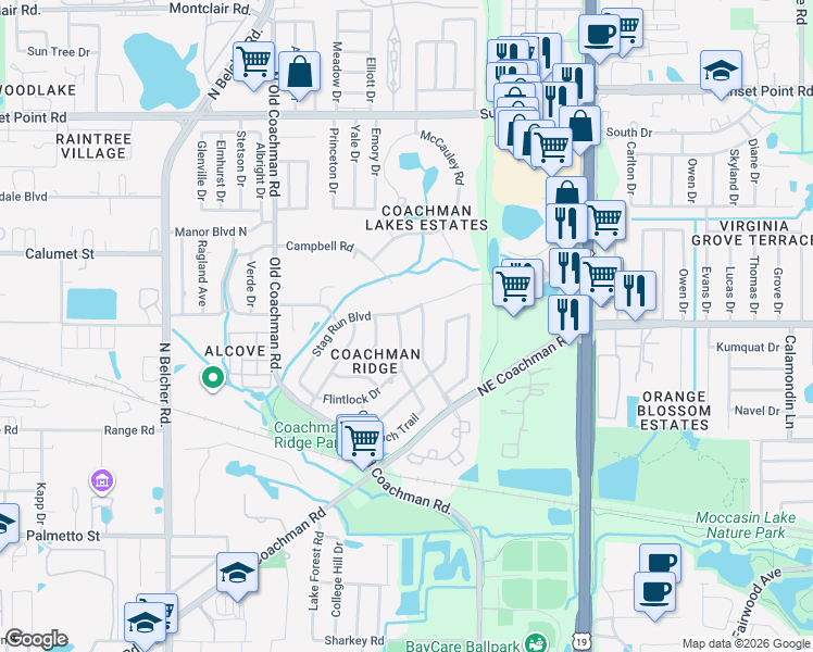 map of restaurants, bars, coffee shops, grocery stores, and more near 1681 Misty Plateau Trail in Clearwater
