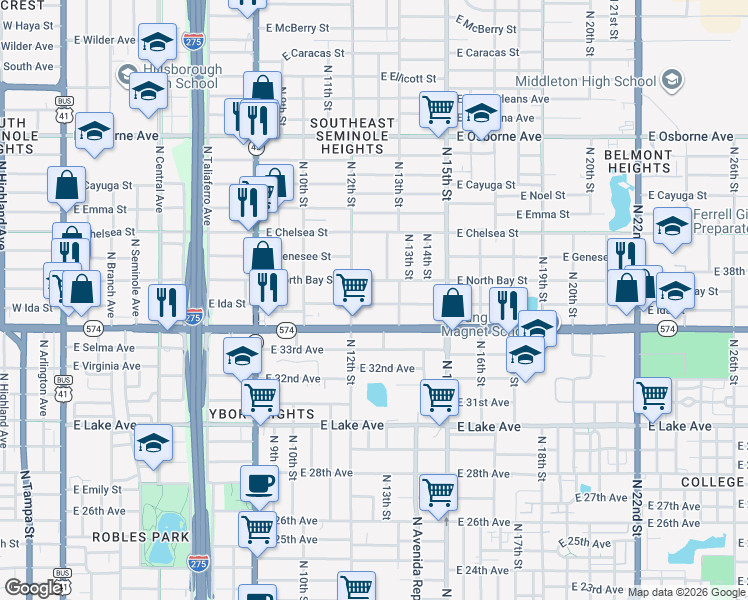 map of restaurants, bars, coffee shops, grocery stores, and more near 1210 East Ida Street in Tampa