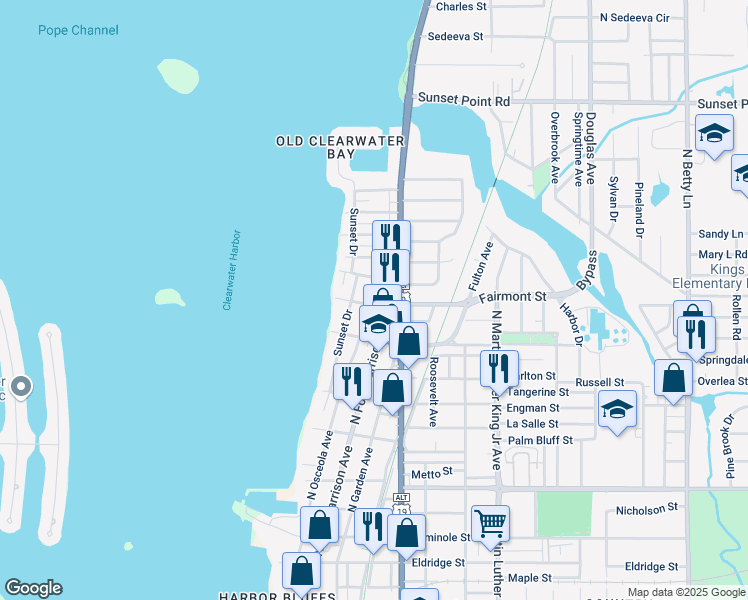 map of restaurants, bars, coffee shops, grocery stores, and more near 1701 North Osceola Avenue in Clearwater