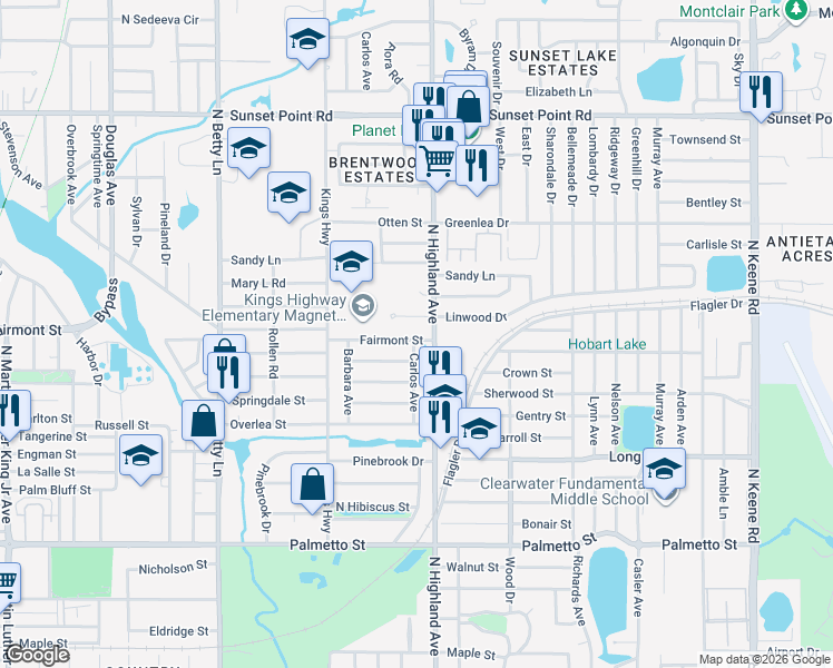 map of restaurants, bars, coffee shops, grocery stores, and more near 1484 Fairmont Street in Clearwater