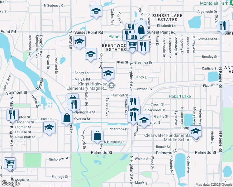 map of restaurants, bars, coffee shops, grocery stores, and more near 1450 Fairmont Street in Clearwater