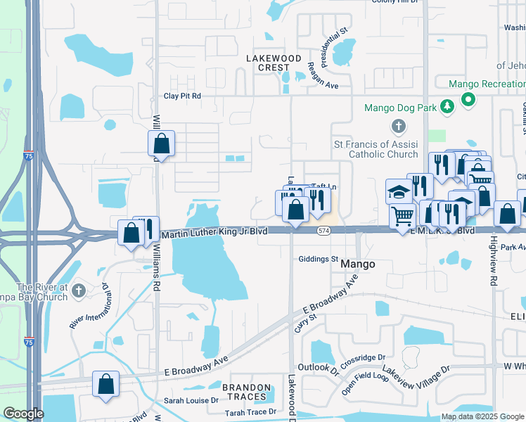 map of restaurants, bars, coffee shops, grocery stores, and more near 11106 Lakewood Pointe Drive in Seffner