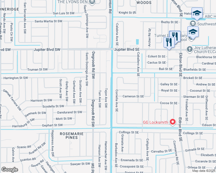 map of restaurants, bars, coffee shops, grocery stores, and more near 714 Tejon Avenue Southwest in Palm Bay