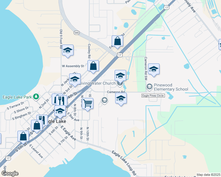 map of restaurants, bars, coffee shops, grocery stores, and more near 2200 Clover Ridge Court in Eagle Lake