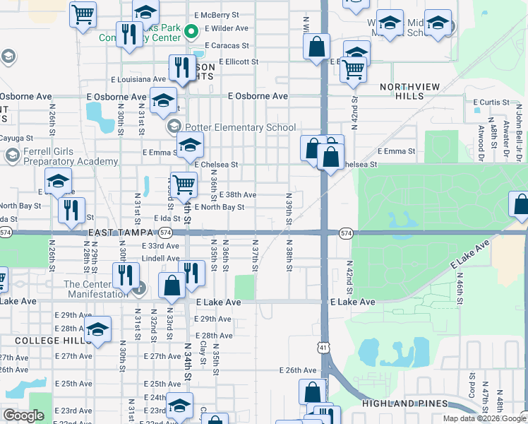 map of restaurants, bars, coffee shops, grocery stores, and more near 3711 East North Bay Street in Tampa
