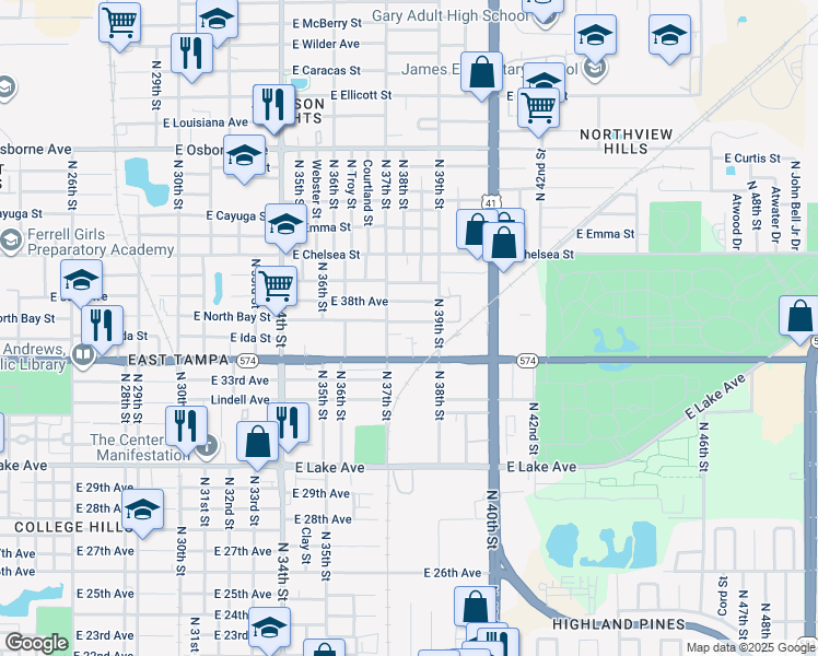 map of restaurants, bars, coffee shops, grocery stores, and more near 3711 East North Bay Street in Tampa