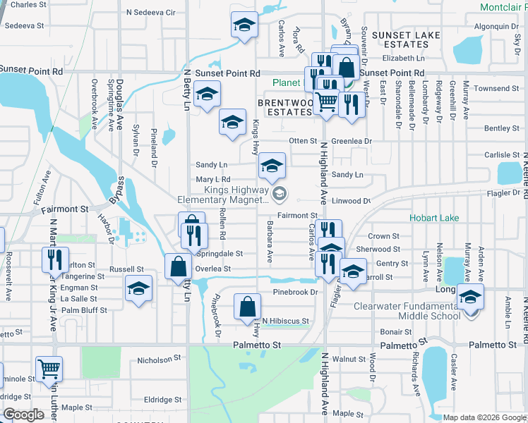 map of restaurants, bars, coffee shops, grocery stores, and more near 1408 Fairmont Street in Clearwater