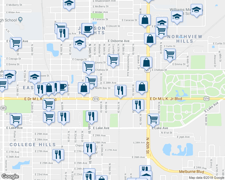 map of restaurants, bars, coffee shops, grocery stores, and more near 3619 East North Bay Street in Tampa