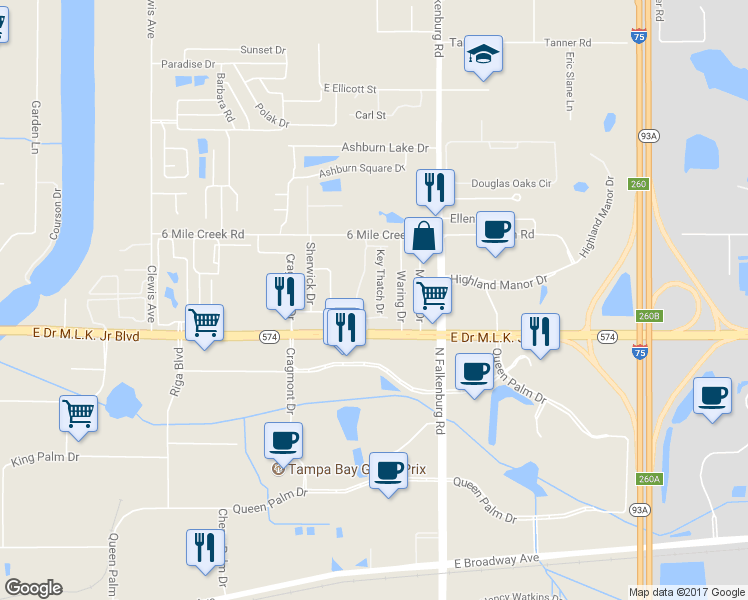 map of restaurants, bars, coffee shops, grocery stores, and more near 4126 Key Thatch Drive in Tampa