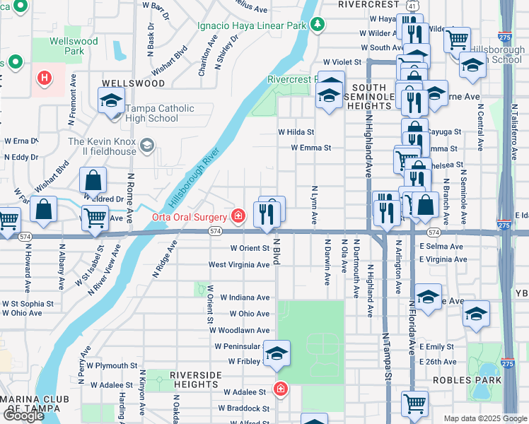 map of restaurants, bars, coffee shops, grocery stores, and more near 4011 North Munro Street in Tampa