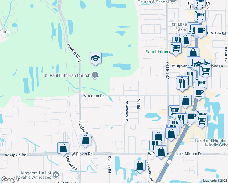 map of restaurants, bars, coffee shops, grocery stores, and more near 739 West Alamo Drive in Lakeland