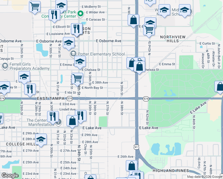 map of restaurants, bars, coffee shops, grocery stores, and more near 3711 East North Bay Street in Tampa