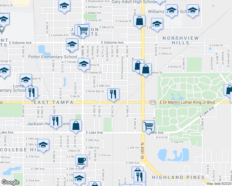 map of restaurants, bars, coffee shops, grocery stores, and more near 3711 East North Bay Street in Tampa