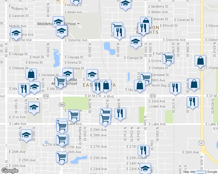 map of restaurants, bars, coffee shops, grocery stores, and more near 4101 North 29th Street in Tampa