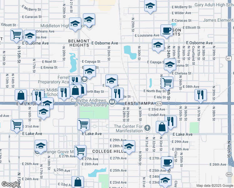 map of restaurants, bars, coffee shops, grocery stores, and more near 4207 North 26th Street in Tampa