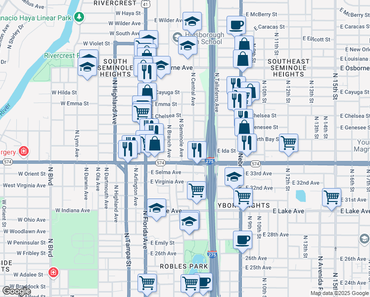 map of restaurants, bars, coffee shops, grocery stores, and more near 4012 North Seminole Avenue in Tampa