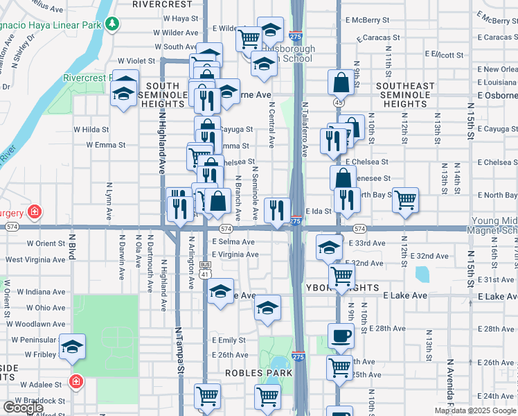 map of restaurants, bars, coffee shops, grocery stores, and more near 4012 North Seminole Avenue in Tampa