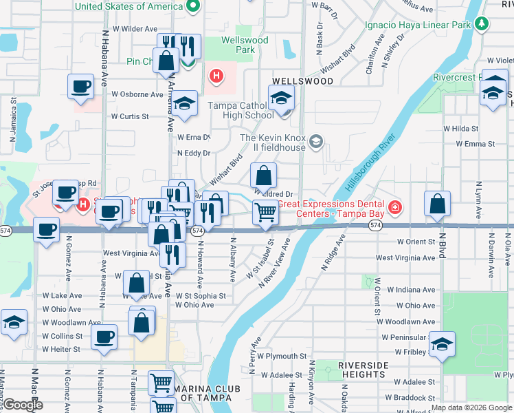 map of restaurants, bars, coffee shops, grocery stores, and more near 1721 West Ferris Avenue in Tampa