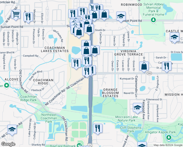 map of restaurants, bars, coffee shops, grocery stores, and more near 23025 Frontage Road in Clearwater